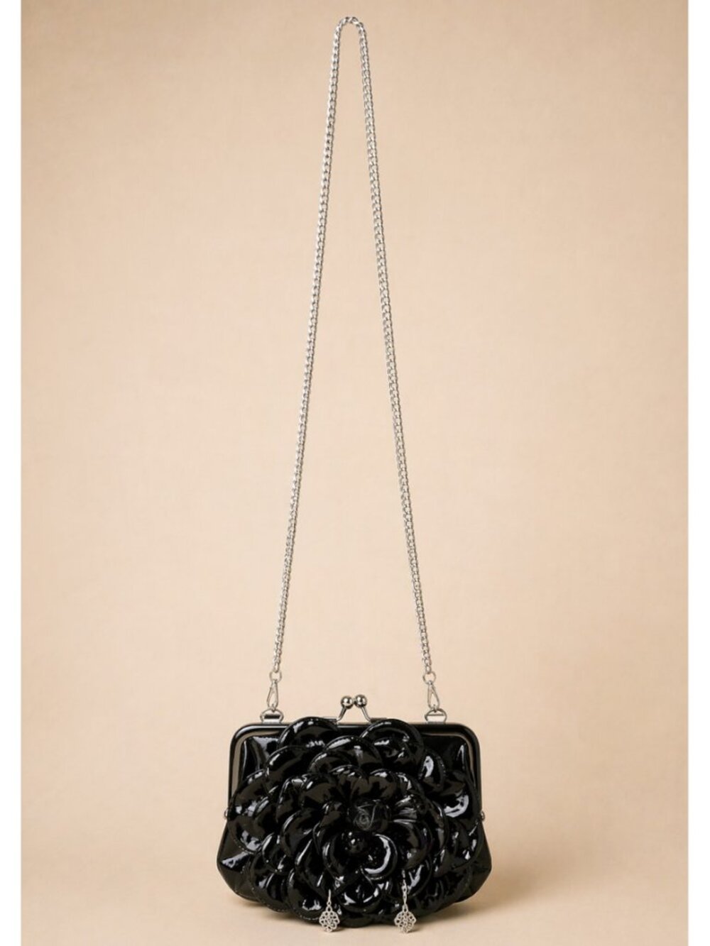Vintage Brighton Black Patent Rosette Kiss-Lock Mini Clutch w/ Chain Crossbody - Picture 6 of 7